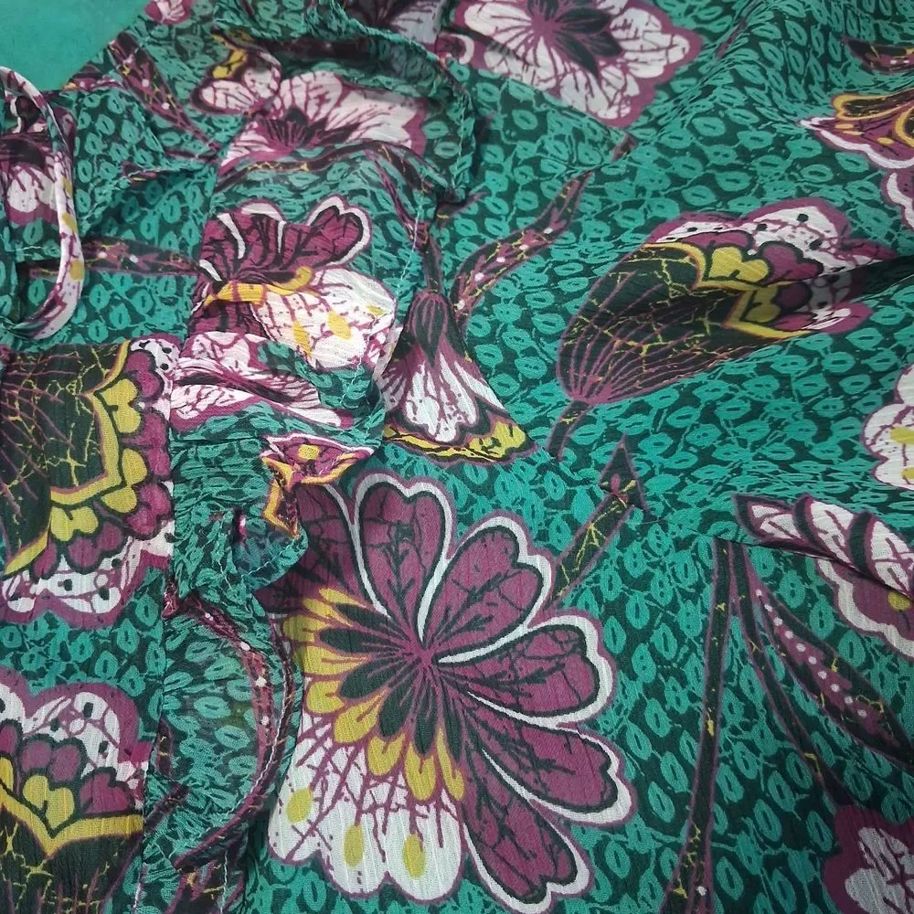 Green Floral Ruffle-Trim Women's Blouse puff sleeve